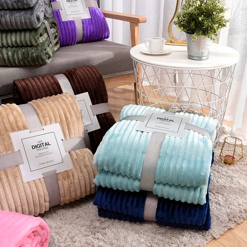 Tiktok Viral Cozy Striped Flannel Blankets - Soft Pink & Blue Mink Throw for Beds, Sofas, and Travel