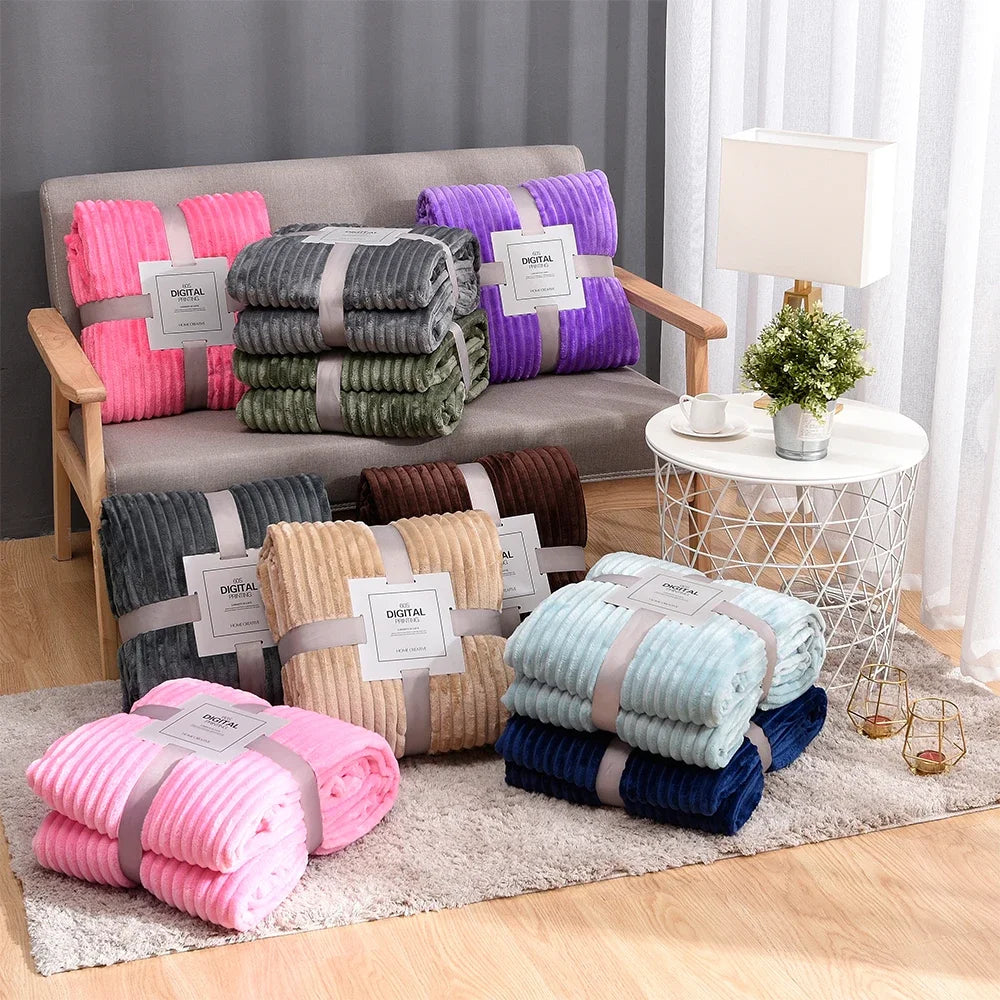 Tiktok Viral Cozy Striped Flannel Blankets - Soft Pink & Blue Mink Throw for Beds, Sofas, and Travel